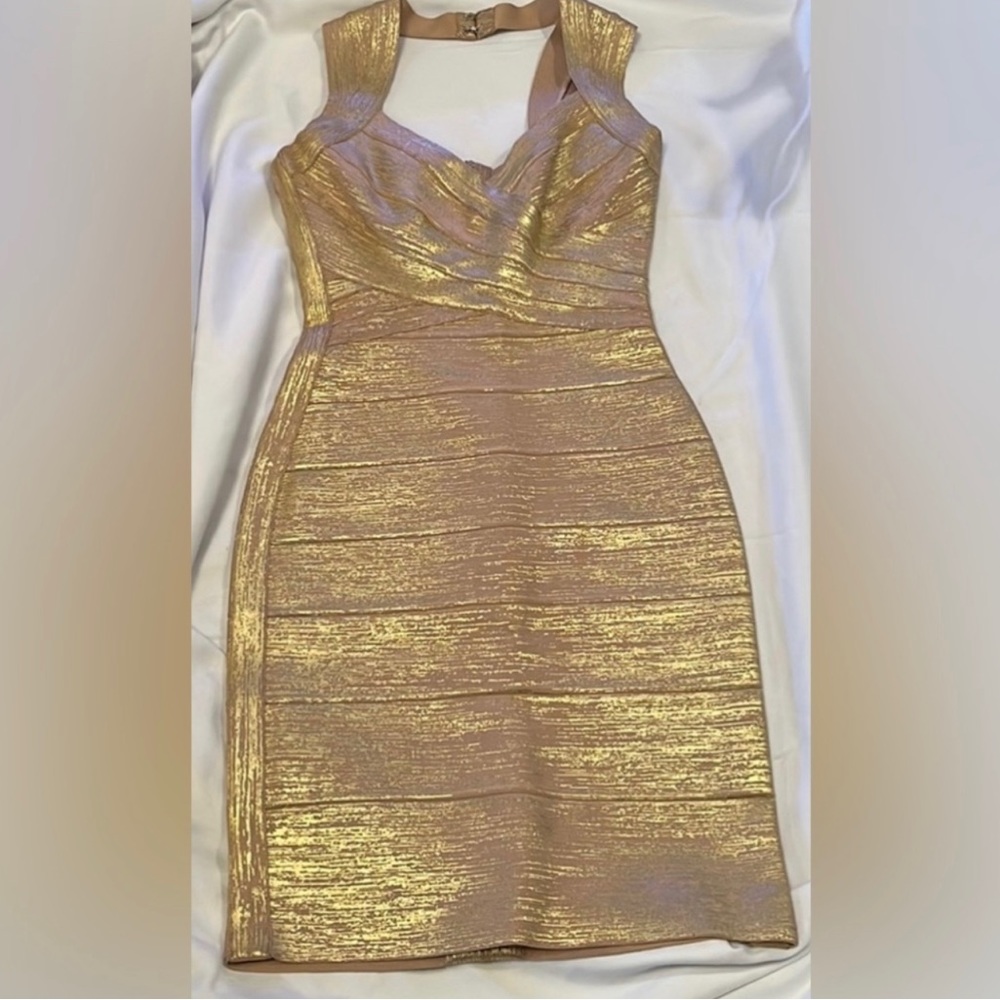 HERVE LEGER Gold Champagne Bodycon Bandage Dress Size XS